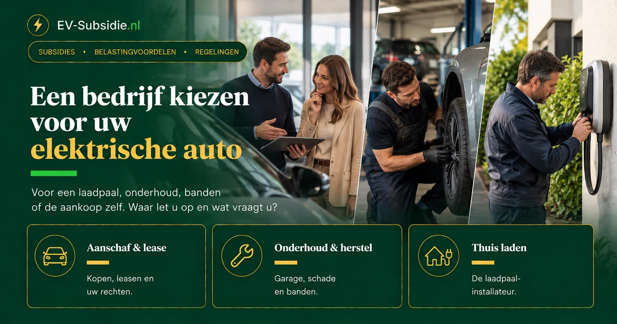 Een bedrijf kiezen voor uw elektrische auto: een verkoopgesprek, een monteur bij een wiel en een laadpaalinstallateur, met de onderdelen aanschaf en lease, onderhoud en herstel, en thuis laden
