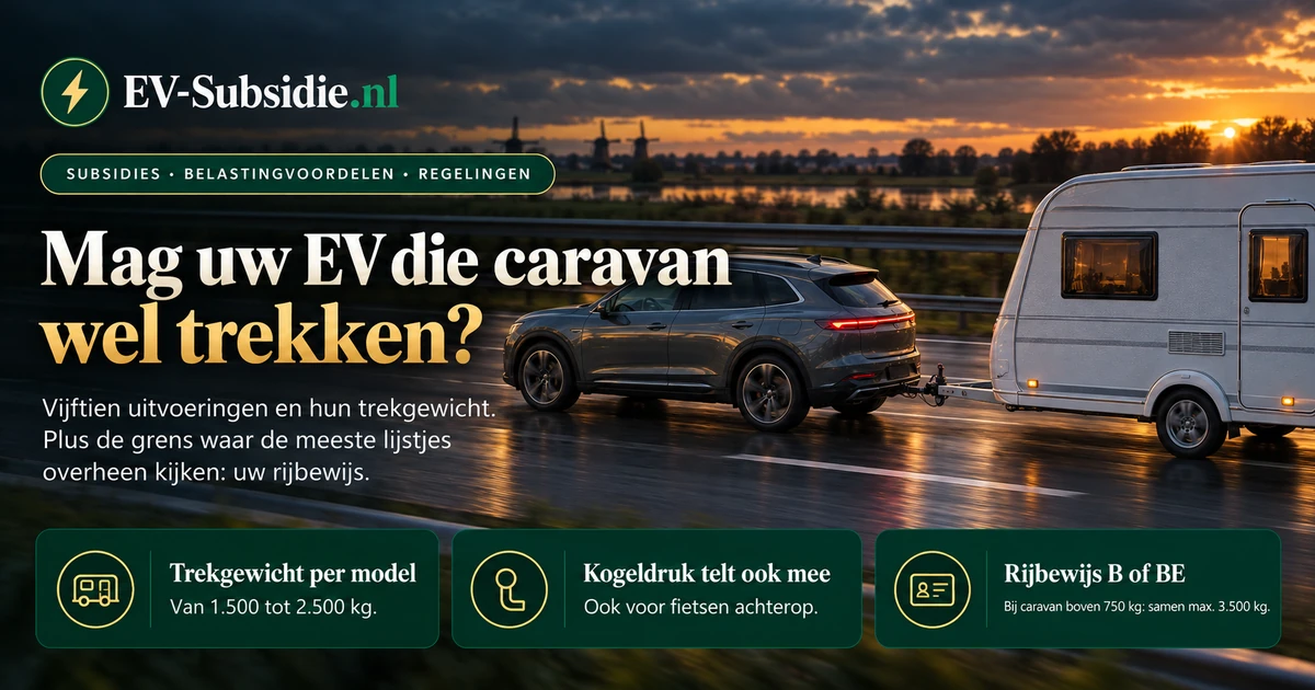 Mag uw EV die caravan wel trekken? Vijftien uitvoeringen en hun trekgewicht, de kogeldruk, en de grens van rijbewijs B waar de meeste lijstjes overheen kijken
