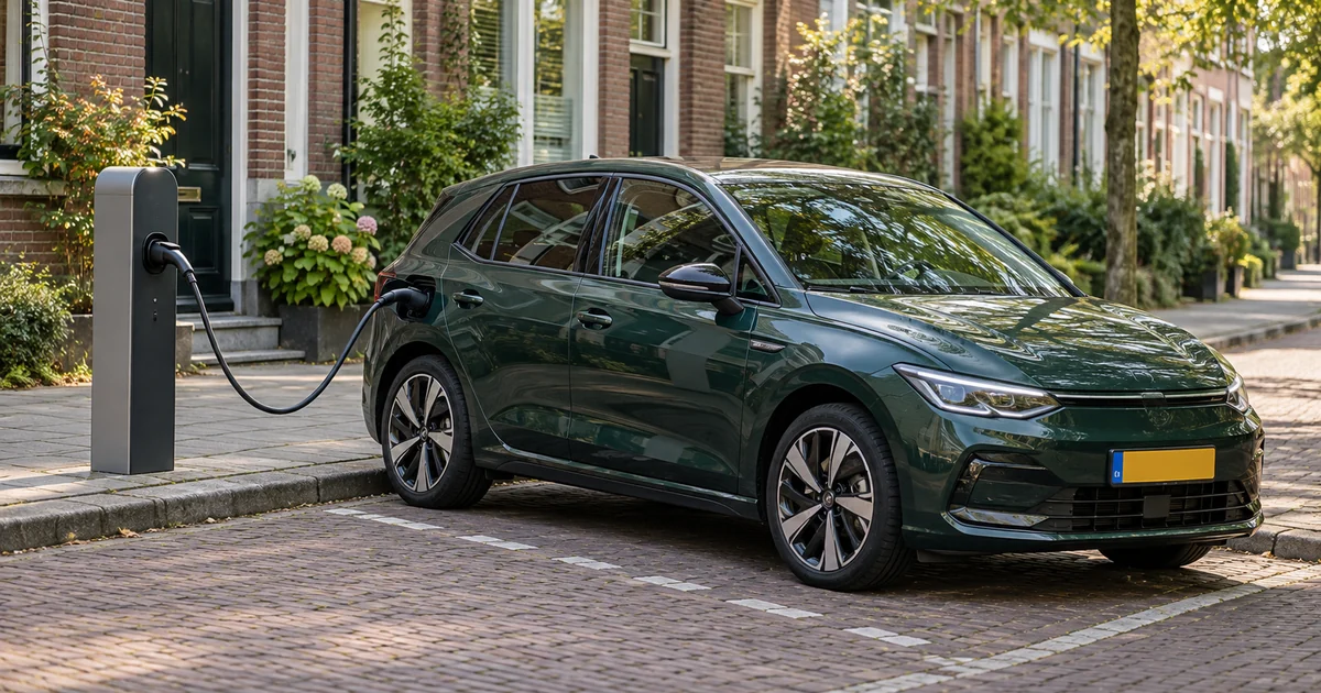 Donkergroene elektrische auto aan een openbare laadpaal in een Nederlandse woonstraat
