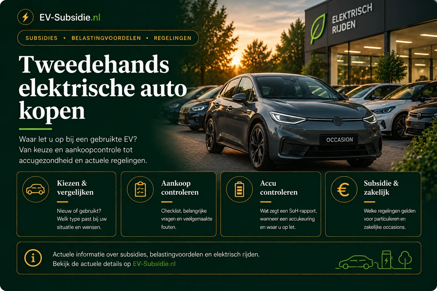 Tweedehands elektrische auto kopen: kiezen en vergelijken, de aankoop controleren, de accu controleren en de regelingen voor particuliere en zakelijke occasions