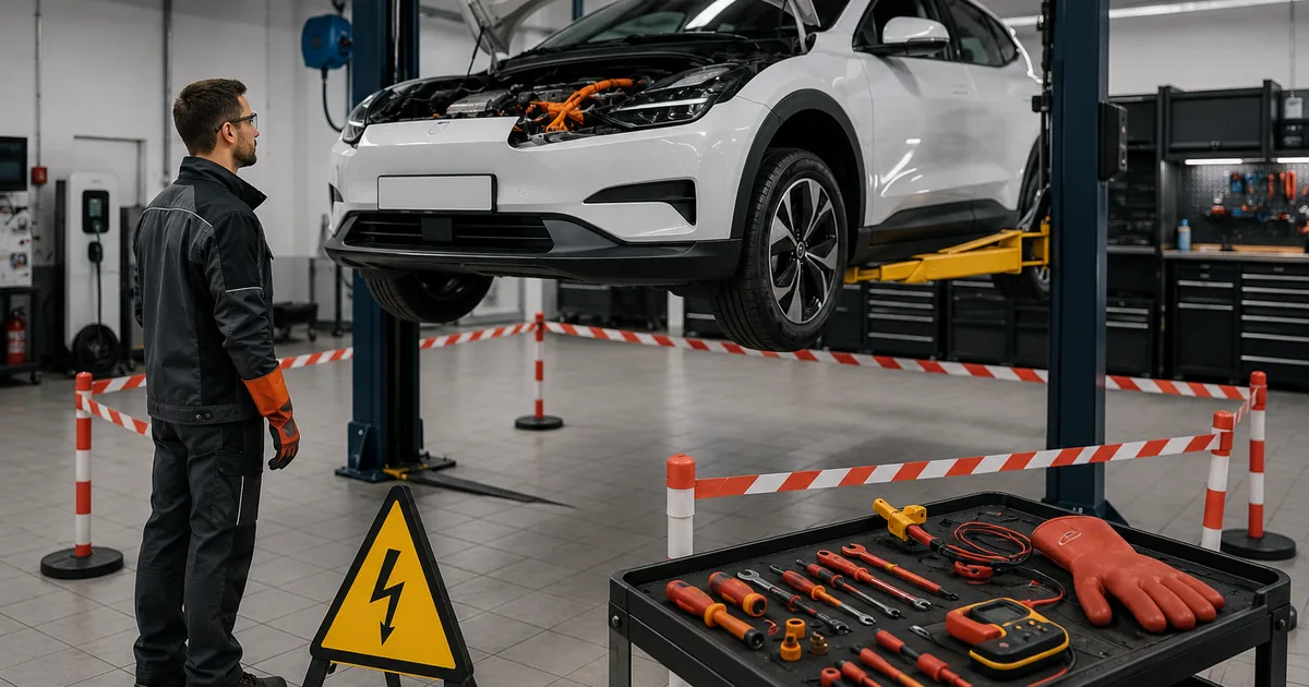Elektrische auto op een hefbrug binnen een met afzetpalen en lint gemarkeerde werkplek, met een hoogvoltwaarschuwingsbord en een gereedschapskar met geïsoleerd gereedschap en isolerende handschoenen