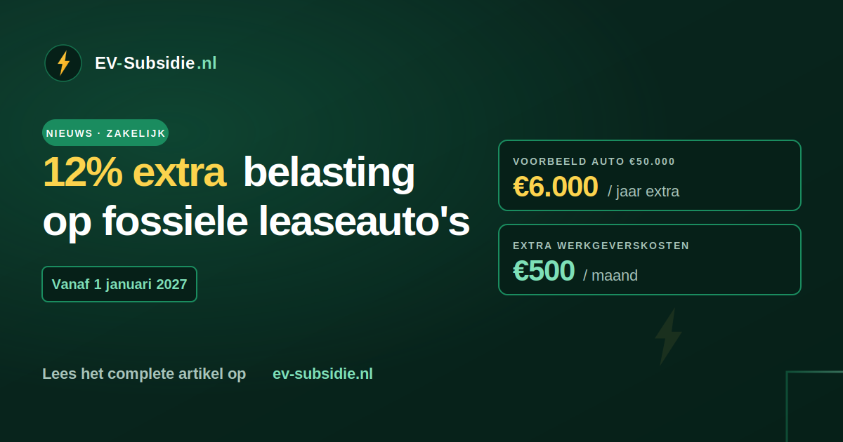 Pseudo-eindheffing 2027: 12% extra belasting op fossiele leaseauto's. Bij een auto van €50.000 betaalt de werkgever €6.000 per jaar extra (€500 per maand) bovenop de bijtelling. Geldt vanaf 1 januari 2027.