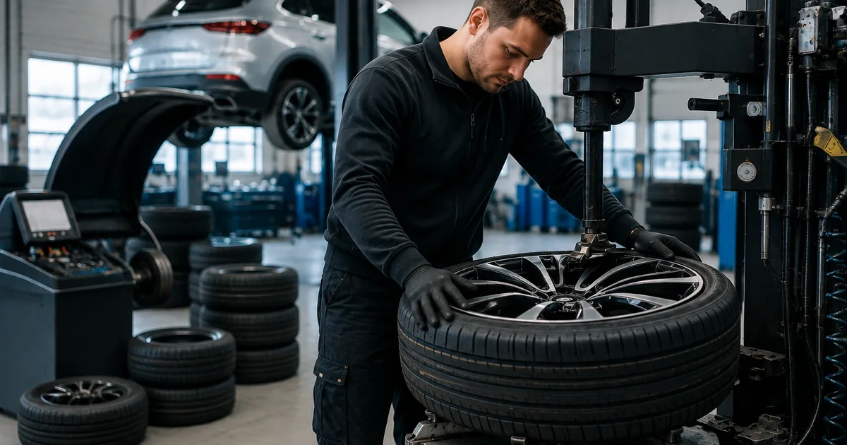 Monteur monteert een band op een lichtmetalen velg met een montagemachine, met een balanceermachine en stapels banden op de achtergrond