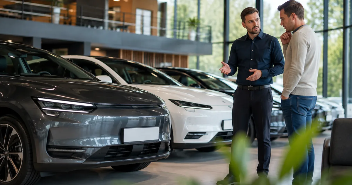 Verkoper geeft uitleg aan een klant in een showroom met nieuwe elektrische auto's