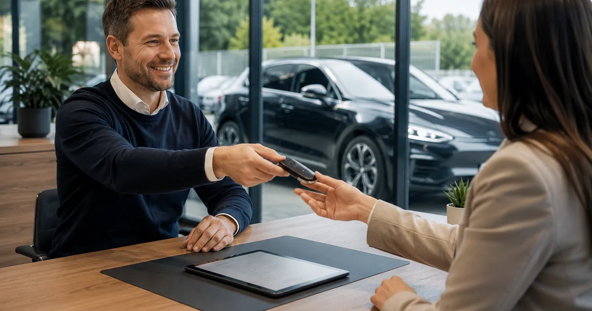 Adviseur overhandigt autosleutels aan een klant aan een bureau, met een leasecontract op een tablet en een elektrische auto zichtbaar door de raampartij