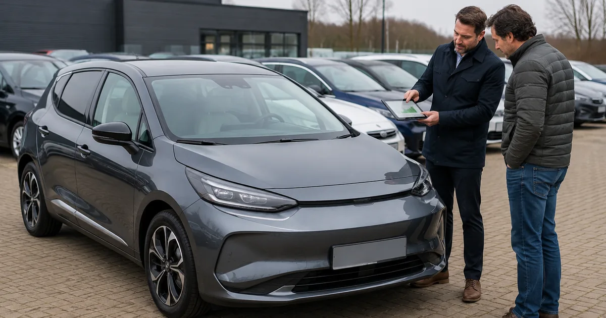 Verkoper toont een koper op een tablet een accurapport bij een gebruikte elektrische auto, met rijen occasions op het bedrijfsterrein erachter