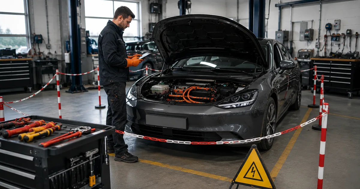 Monteur met isolerende handschoenen en diagnosetablet bij een elektrische auto met geopende motorkap en zichtbare oranje hoogvoltkabels, met een afgezette werkplek en een hoogspanningswaarschuwingsbord