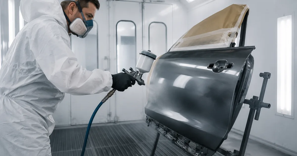 Spuiter in beschermende overall met masker spuit een autoportier in een spuitcabine, met het paneel op een bok en afgeplakt met papier